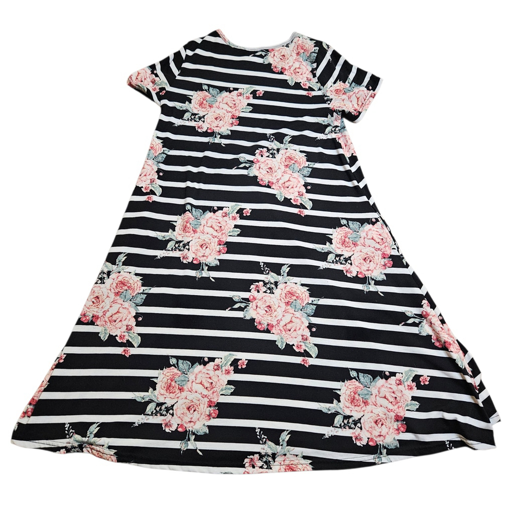 LuLaRoe Jessie Dress XS Black White Pink Floral Stripe Swing Dress Pockets - Picture 3 of 9